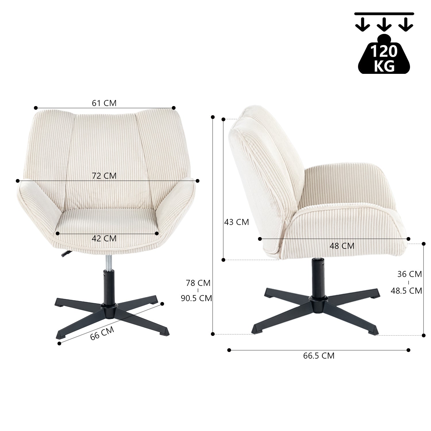 Pivotable adjustable leisure chair with beige velvet armrests - Durothil