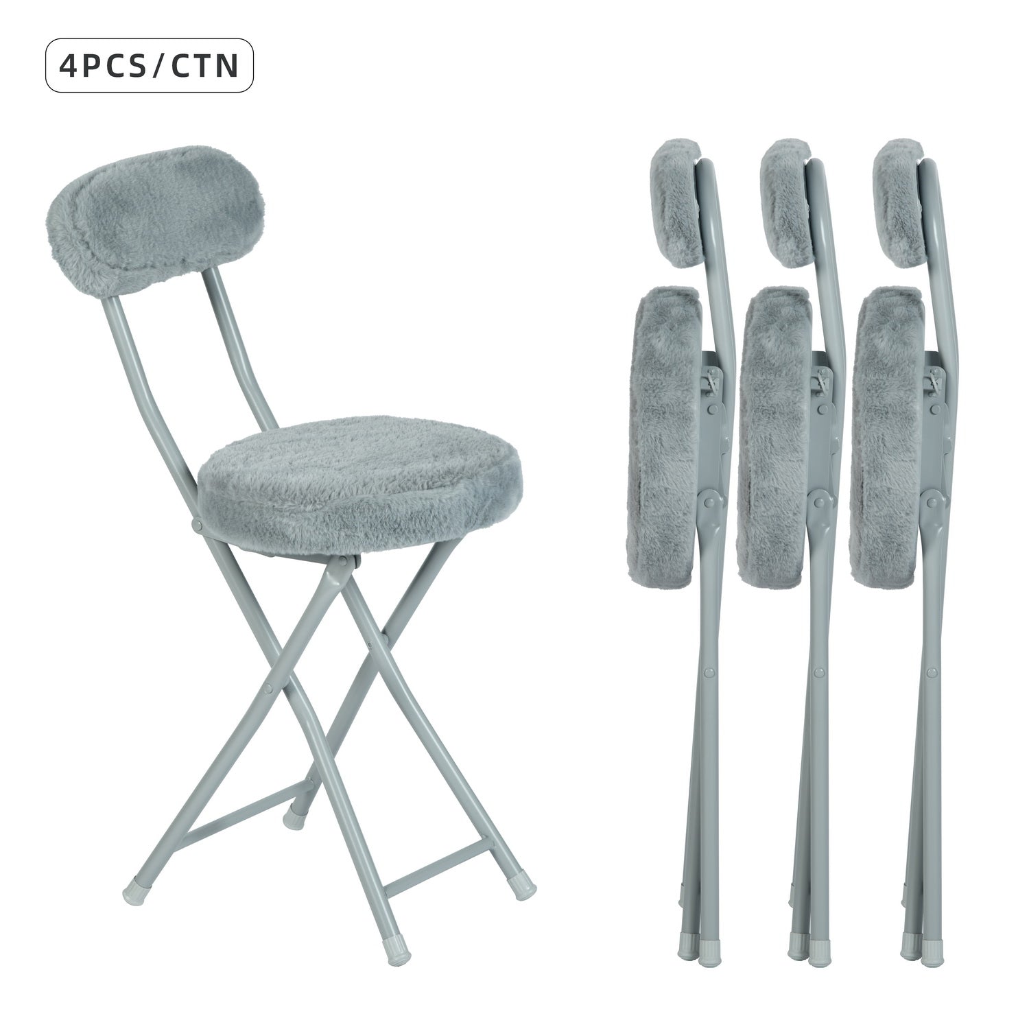 Set of 4 folding chairs/stools, round seat in fabric faux fur gray - Ernst