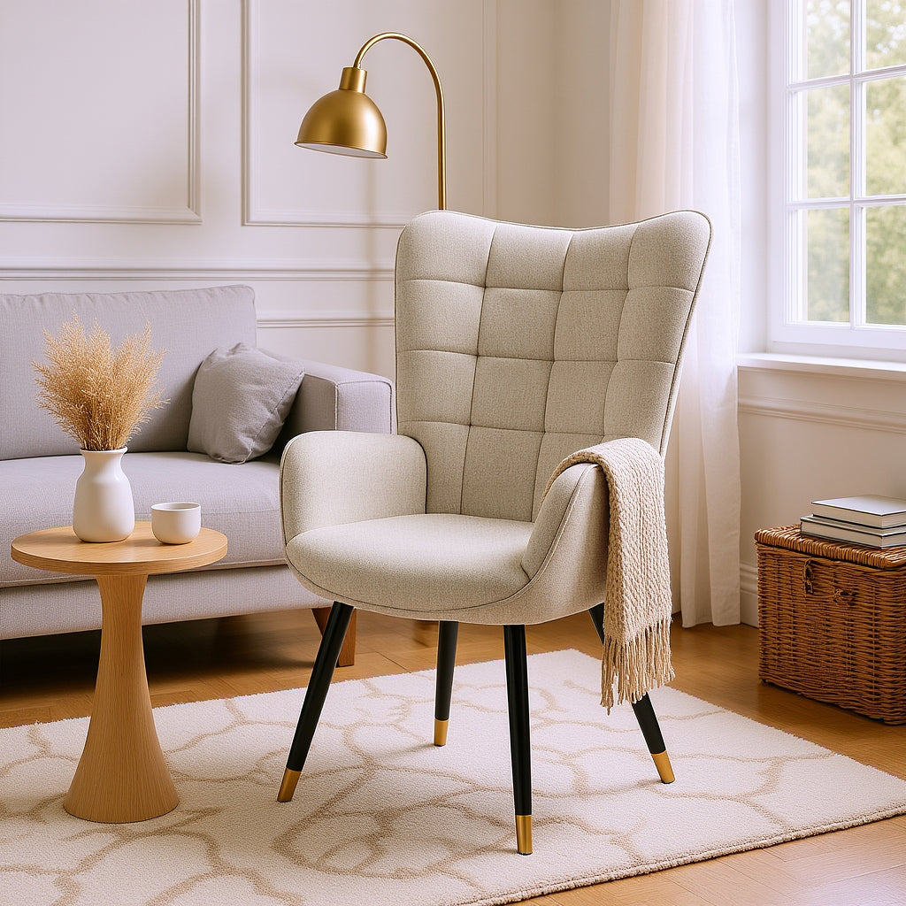 Scandinavian armchair with armrests in beige fabric with stitching - Funkel
