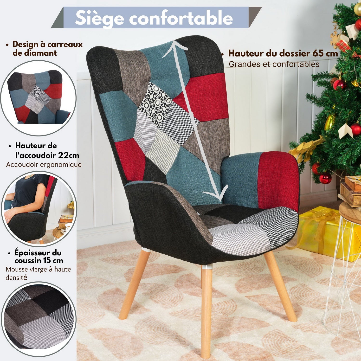 Fauteuil scandinave avec accoudoirs en tissu patchwork à surpiqûres - FUNKEL