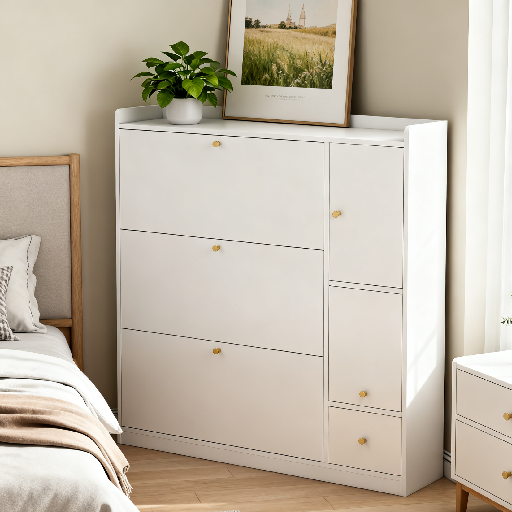 White shoe cabinet 119x24x122 cm with 3 tilting drawers, storage drawer, adjustable shelves and folding bench