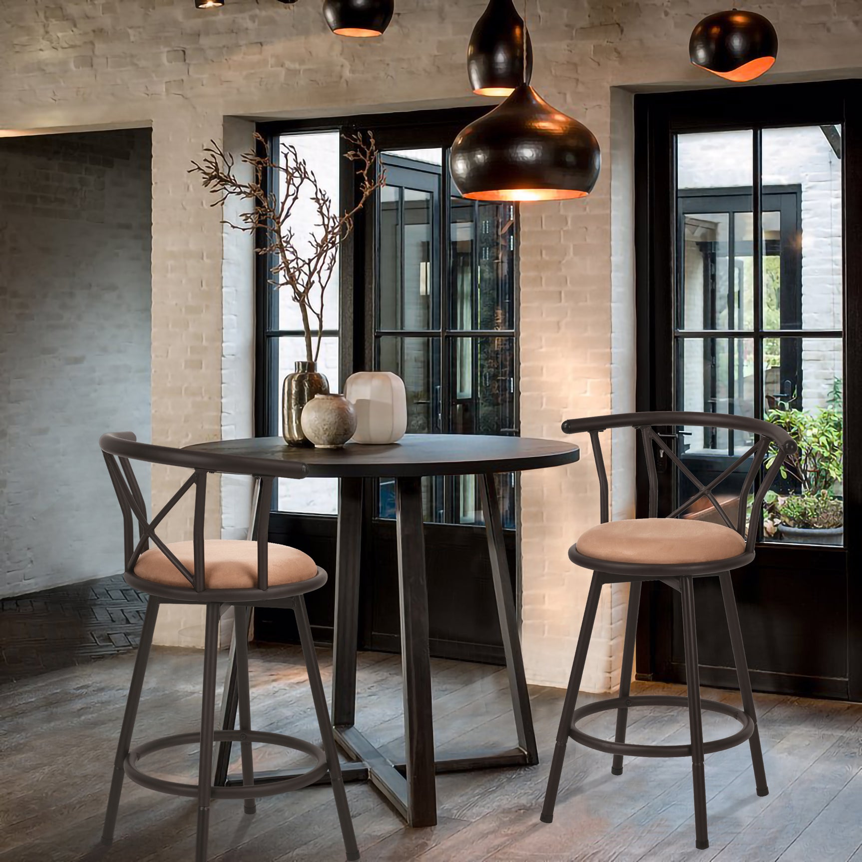Lot de 2 tabourets de bar industriels pivotants avec dossier en tissu marron - HAILEY 24