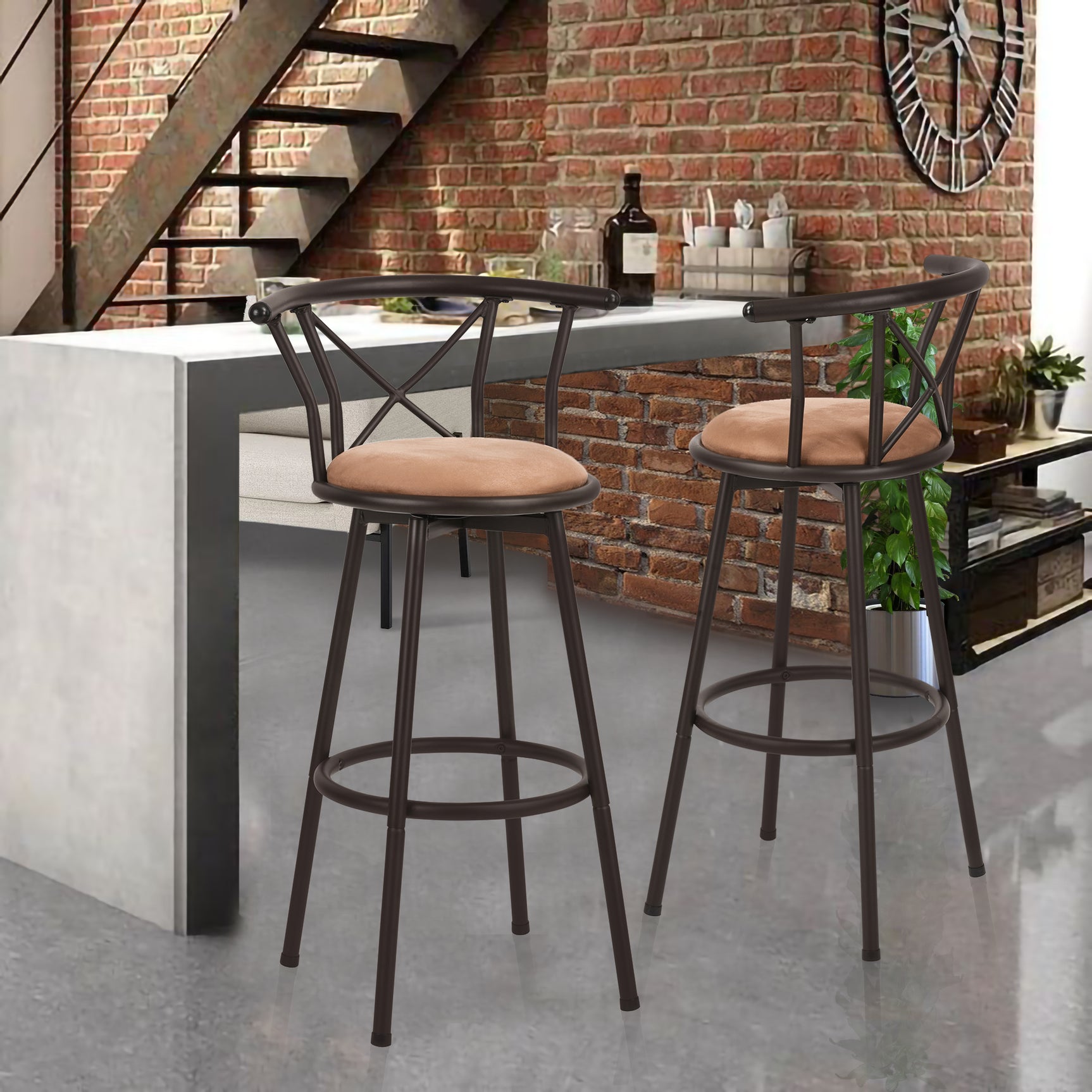 Lot de 2 tabourets de bar industriels pivotants avec dossier en tissu marron - HAILEY 29