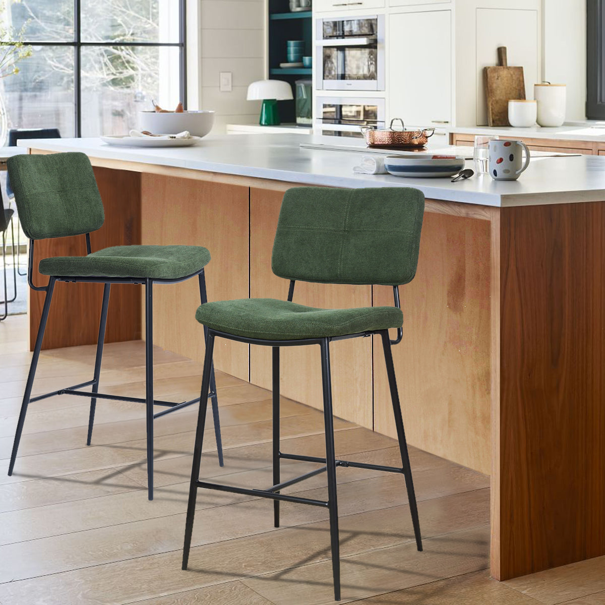 Lot de 2 tabourets de bar industriels avec dossier en tissu vert - INDEPENDENCE BAR