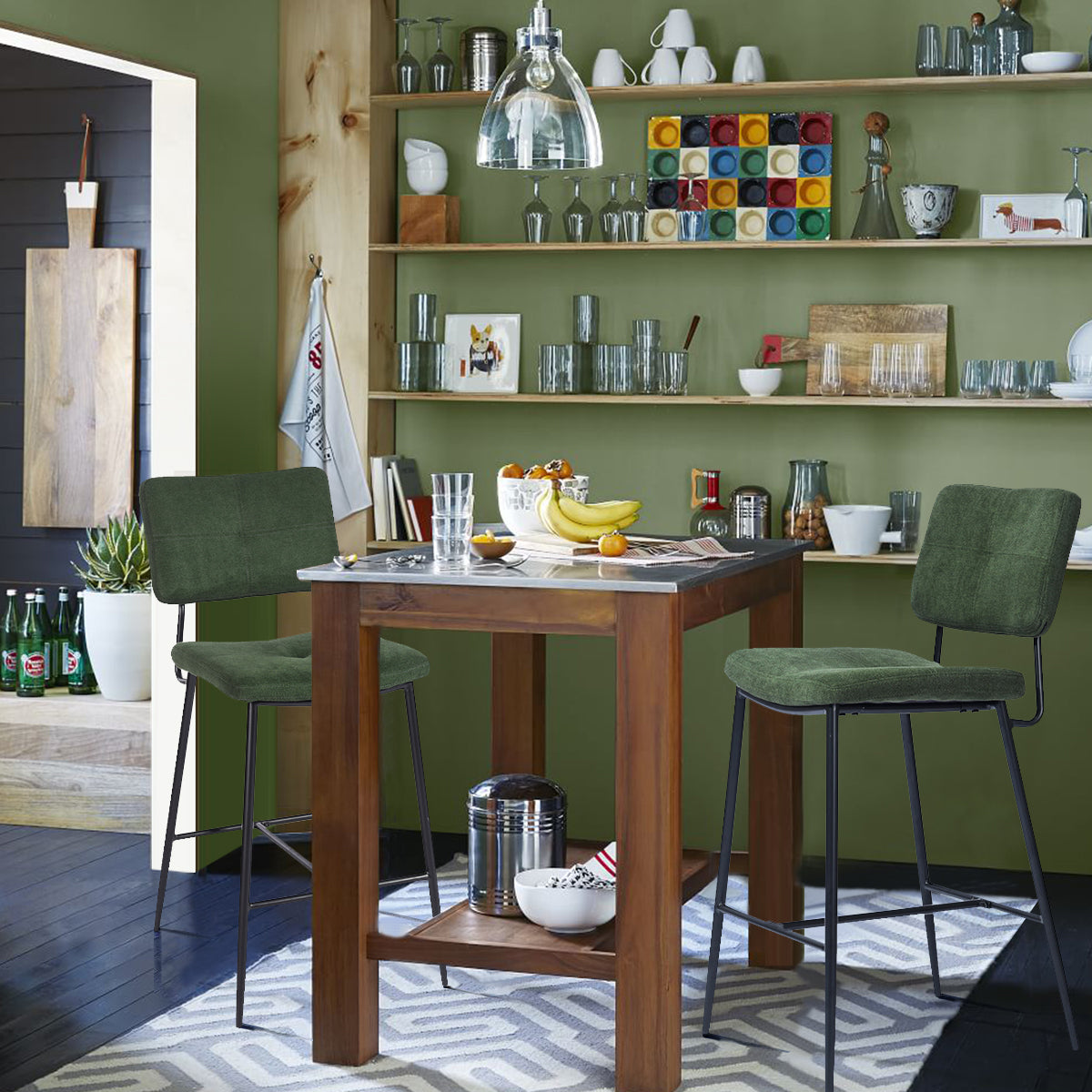 Lot de 2 tabourets de bar industriels avec dossier en tissu vert - INDEPENDENCE BAR