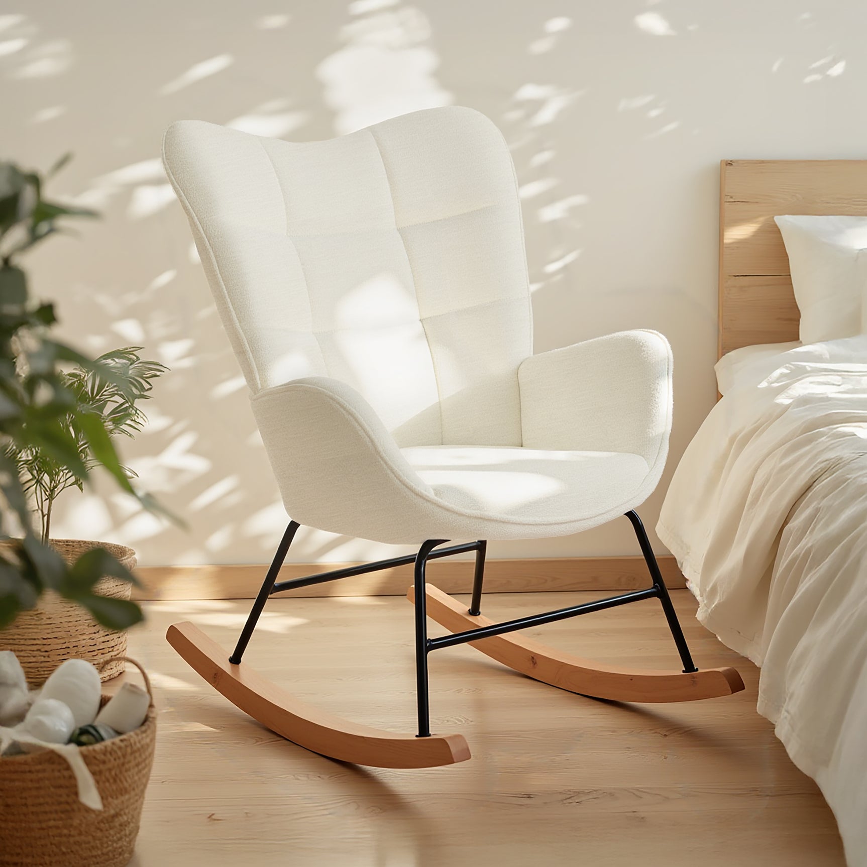 Scandinavian breastfeeding armchair with armrests in white caterpillars with stitching - kanas
