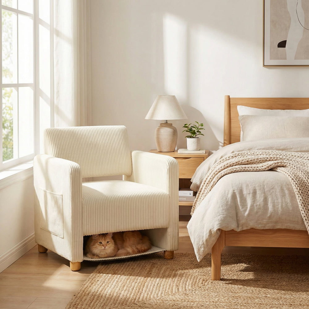 Lounge armchair with armrests in beige corduroy - DOMCO