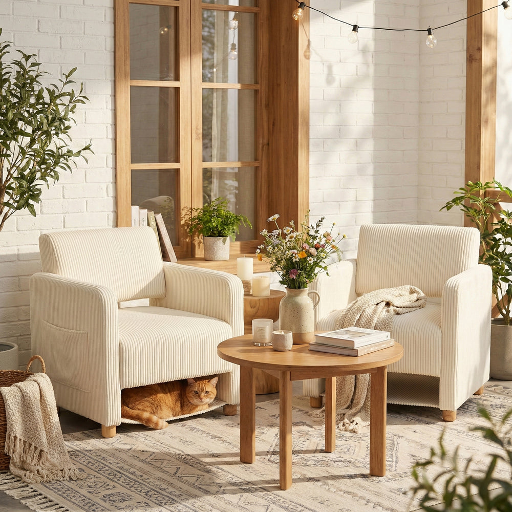 Lounge armchair with armrests in beige corduroy - DOMCO