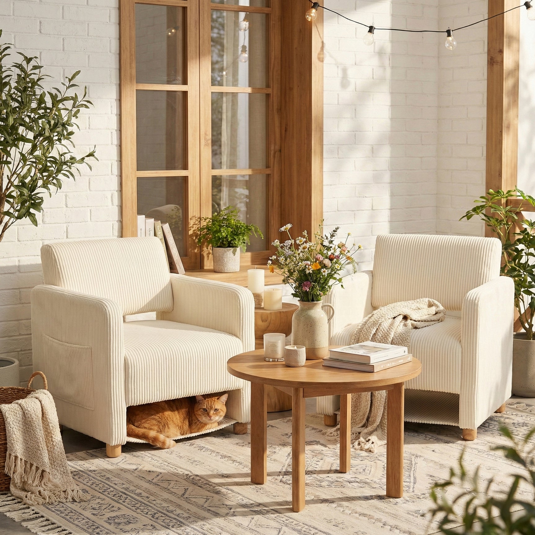 Lounge armchair with armrests in beige corduroy - DOMCO
