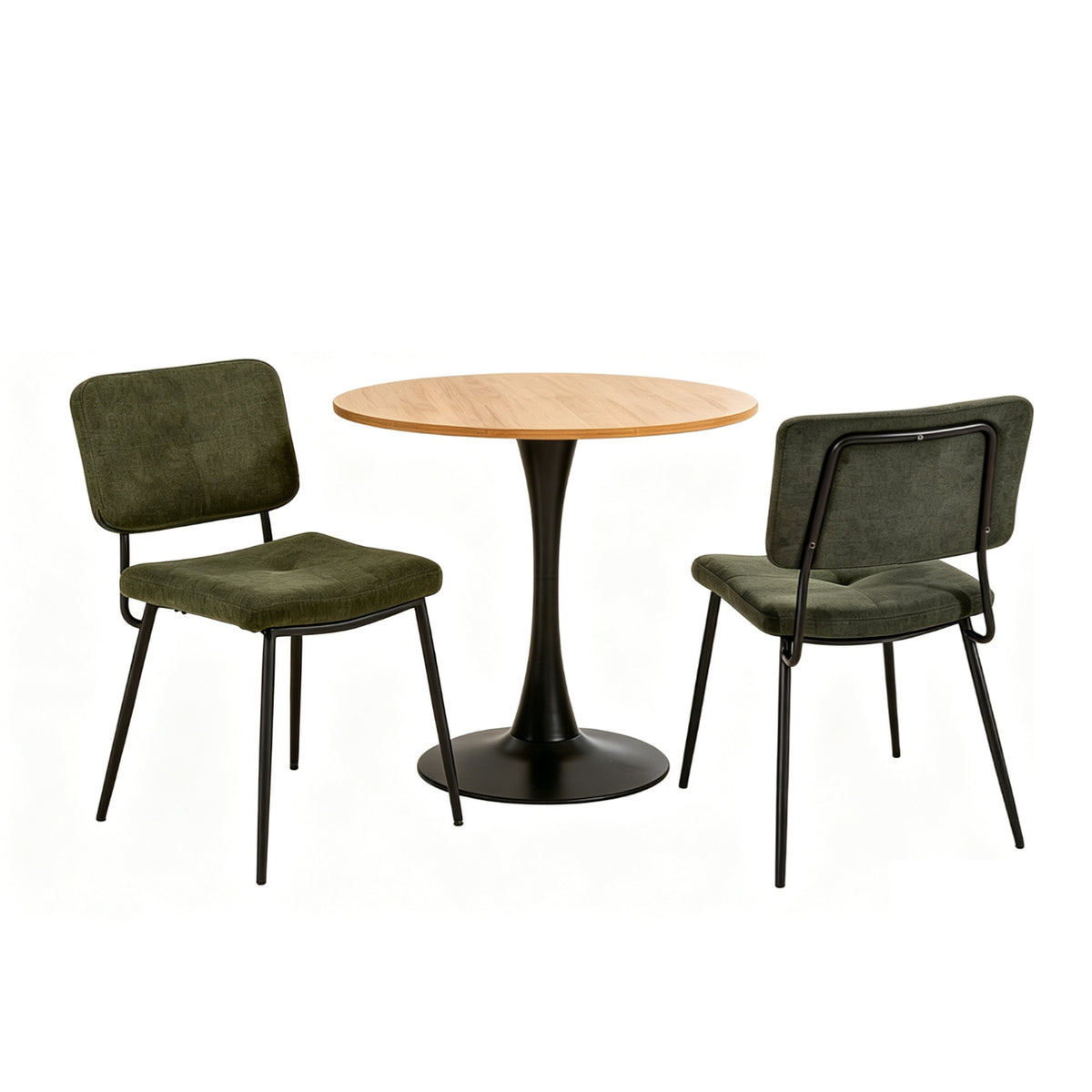 Runder Tisch in Walnussoptik Ø80 cm mit 4 schwarzen Samtstühlen, moderner und komfortabler Stil