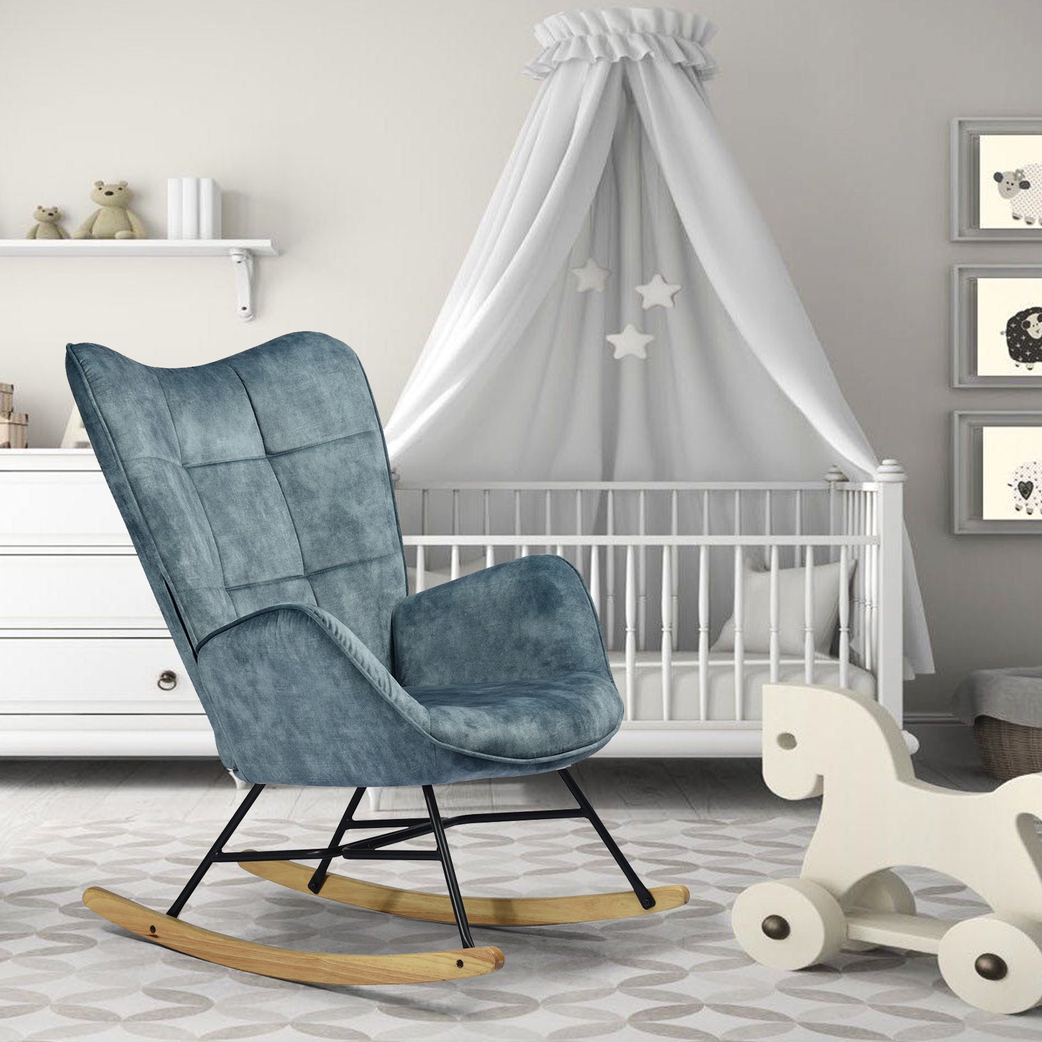 Fauteuil à bascule allaitement scandinave avec accoudoirs en velours bleu à surpiqûres - KELAN