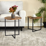 Lot de 2 tables basses gigognes style vintage et industriel en métal noir et bois imitation bois - LAYA VINTAGE
