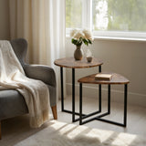Lot de 2 tables basses gigognes style vintage et industriel en métal noir et bois imitation bois - LAYA VINTAGE