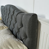 Lit double (140 x 190cm) avec tête de lit capitonnée en tissu gris (matelas non inclus) - LEON