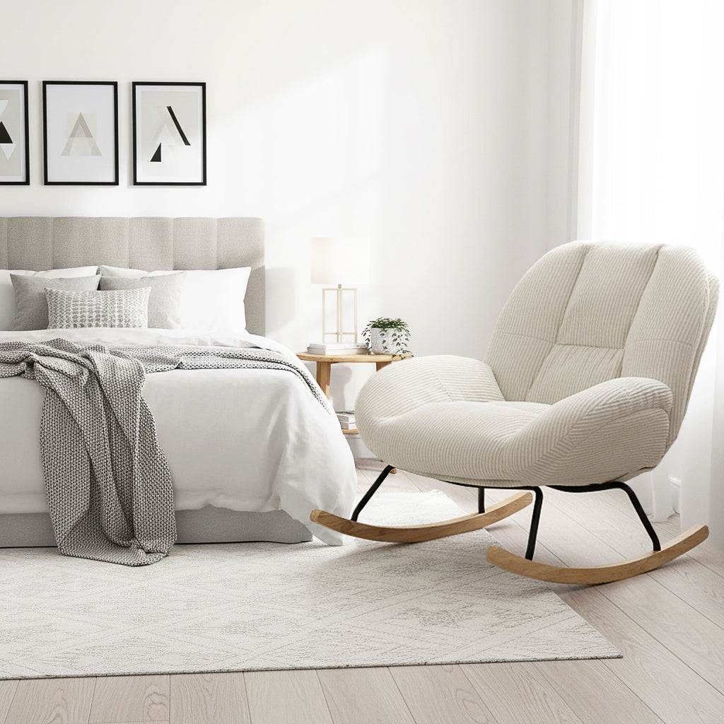 Fauteuil à bascule scandinave en velours côtelé avec accoudoirs pour salon ou chambre à coucher, beige - LITHOPS