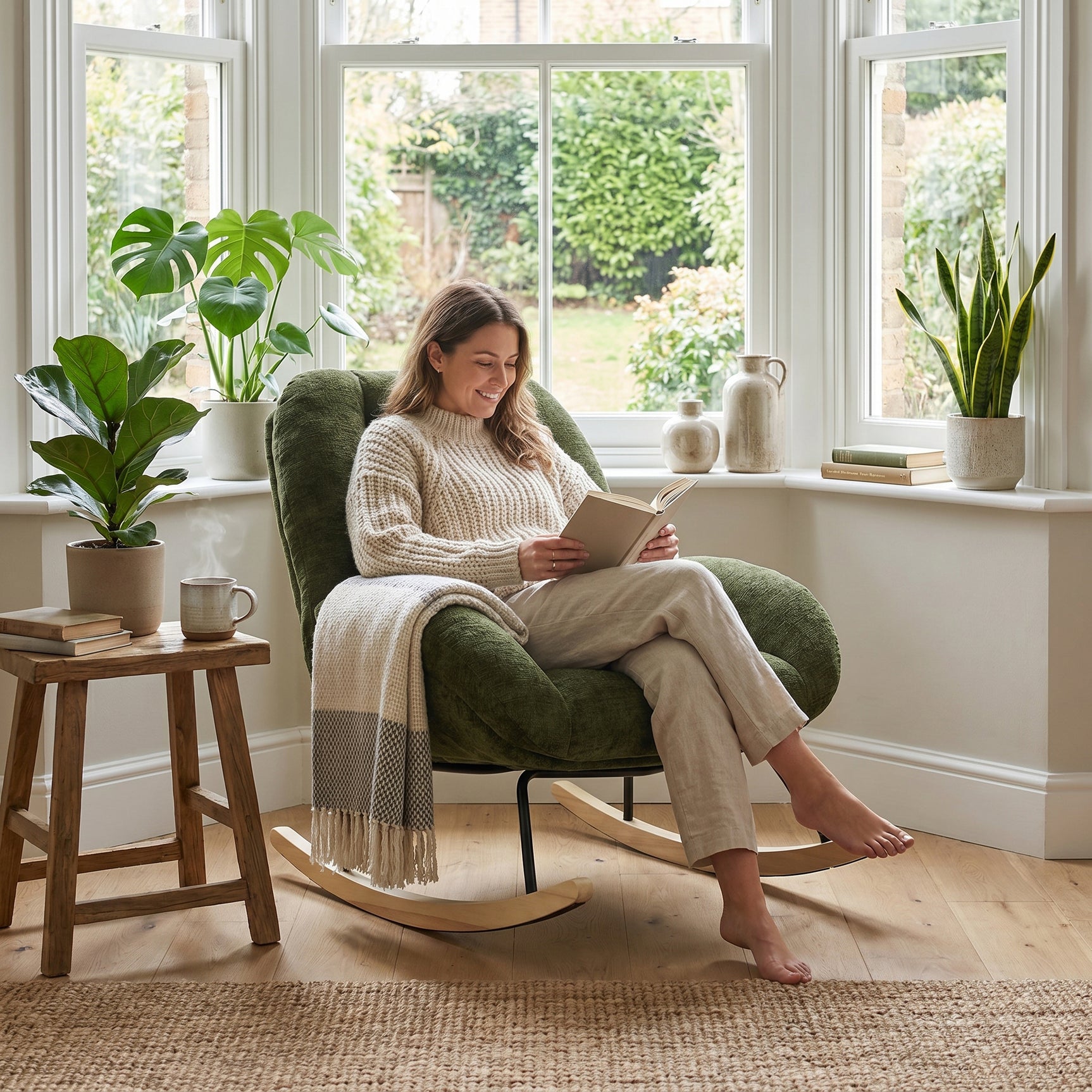 Fauteuil à bascule scandinave en tissu chenille avec accoudoirs pour salon ou chambre à coucher, vert - LITHOPS