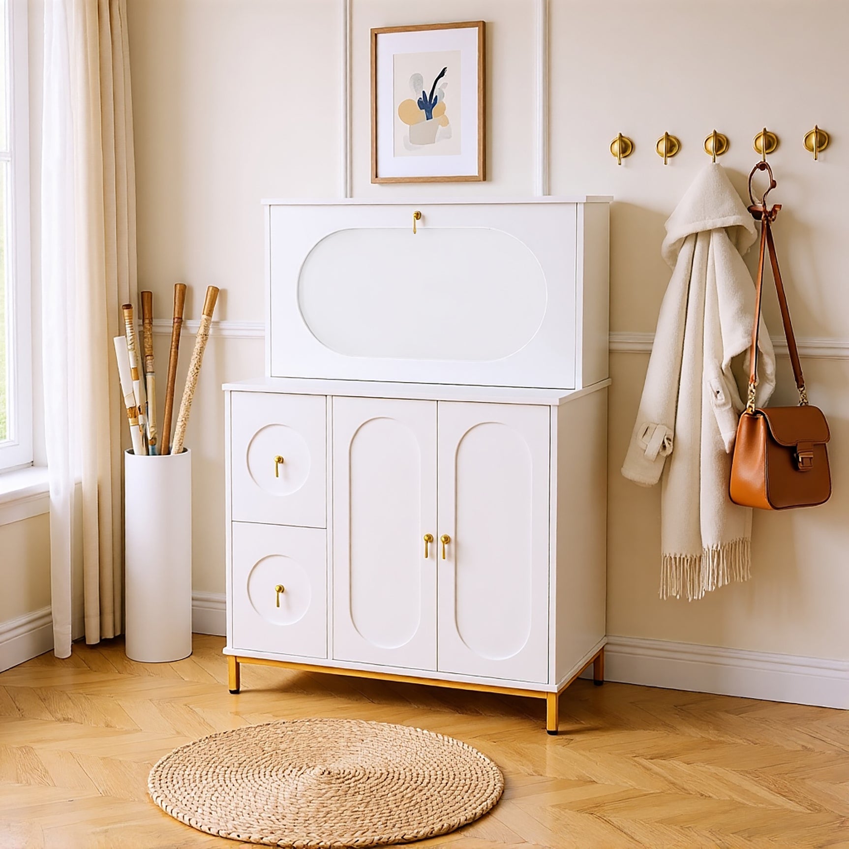 Multifunctional secretary with folding worktop and large storage spaces in white
