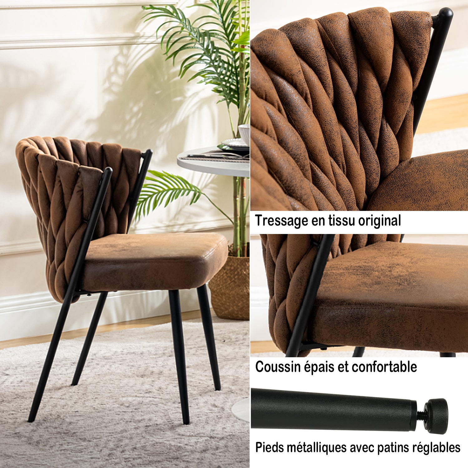 Set of 2 dining room chairs retro vintage style with braided file in brown suede - miliana