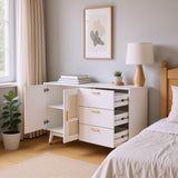 Decorative white rattan buffet with 2 rattan doors and 3 drawers, elegant multifunction storage unit with golden details, 160x40x87 cm