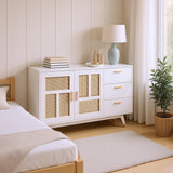 Decorative white rattan buffet with 2 rattan doors and 3 drawers, elegant multifunction storage unit with golden details, 160x40x87 cm