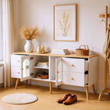 TV cabinet with 4 drawers and 2 glass doors in tempered glass, modern white design and natural wood