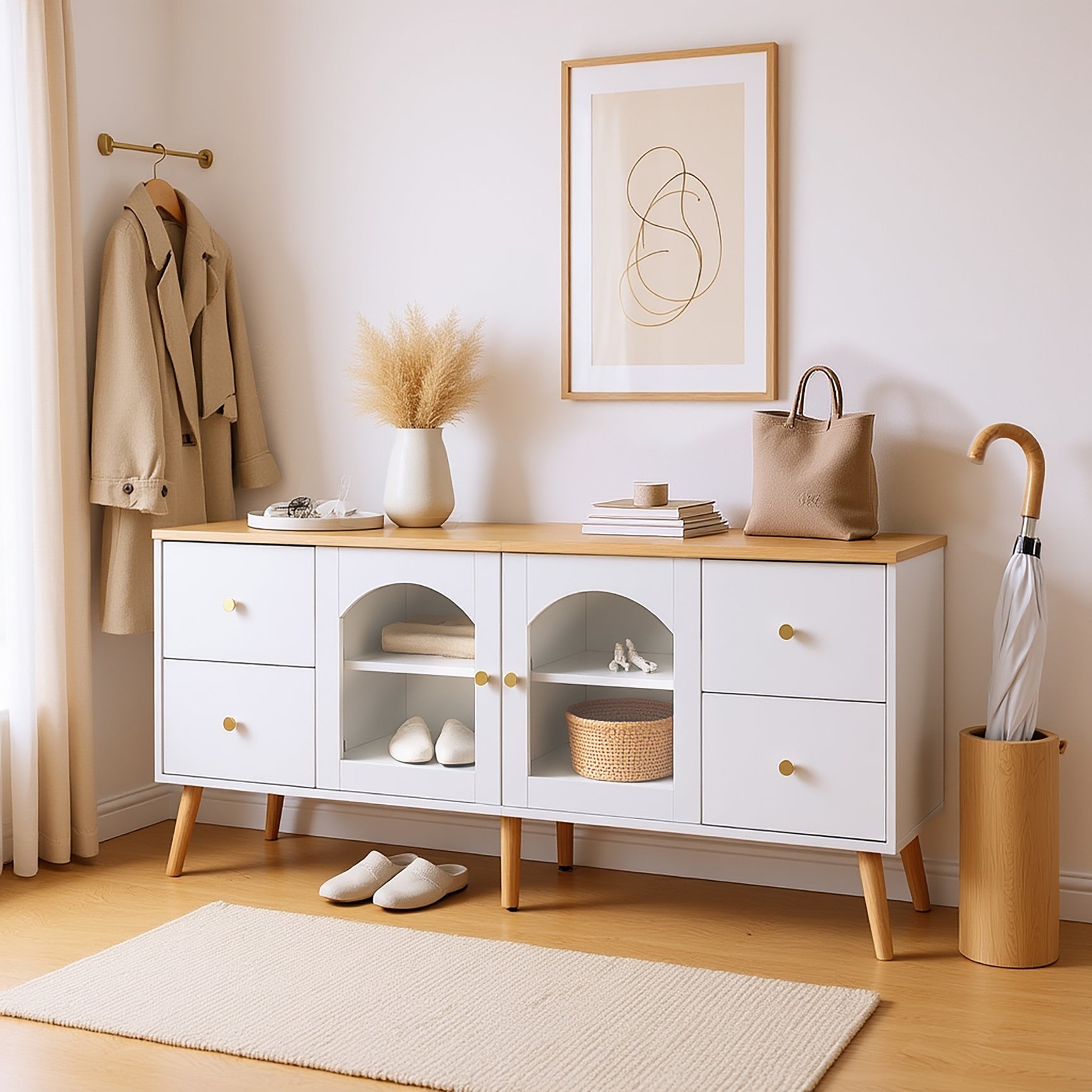 TV cabinet with 4 drawers and 2 glass doors in tempered glass, modern white design and natural wood