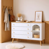 Commode blanche moderne avec 4 tiroirs spacieux et porte en verre trempé