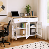 Buffet blanc et bois naturel avec 3 tiroirs et 3 portes cintrées en verre trempé, grand espace de rangement élégant