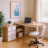 Bureau simple en bois naturel avec 3 tiroirs et 2 niches ouvertes â€?147×100×75,3 cm