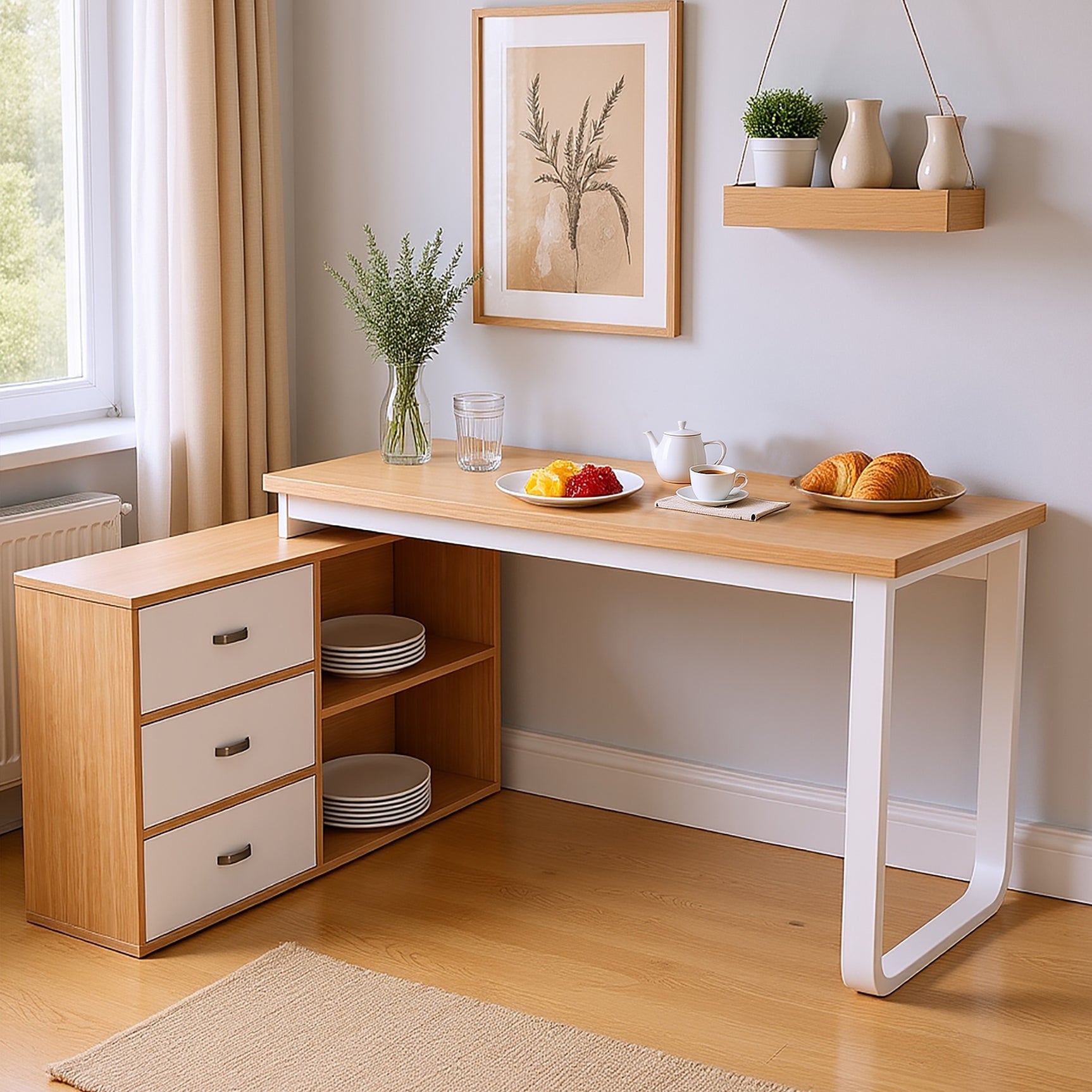 Bureau simple en bois naturel avec 3 tiroirs et 2 niches ouvertes â€?147×100×75,3 cm