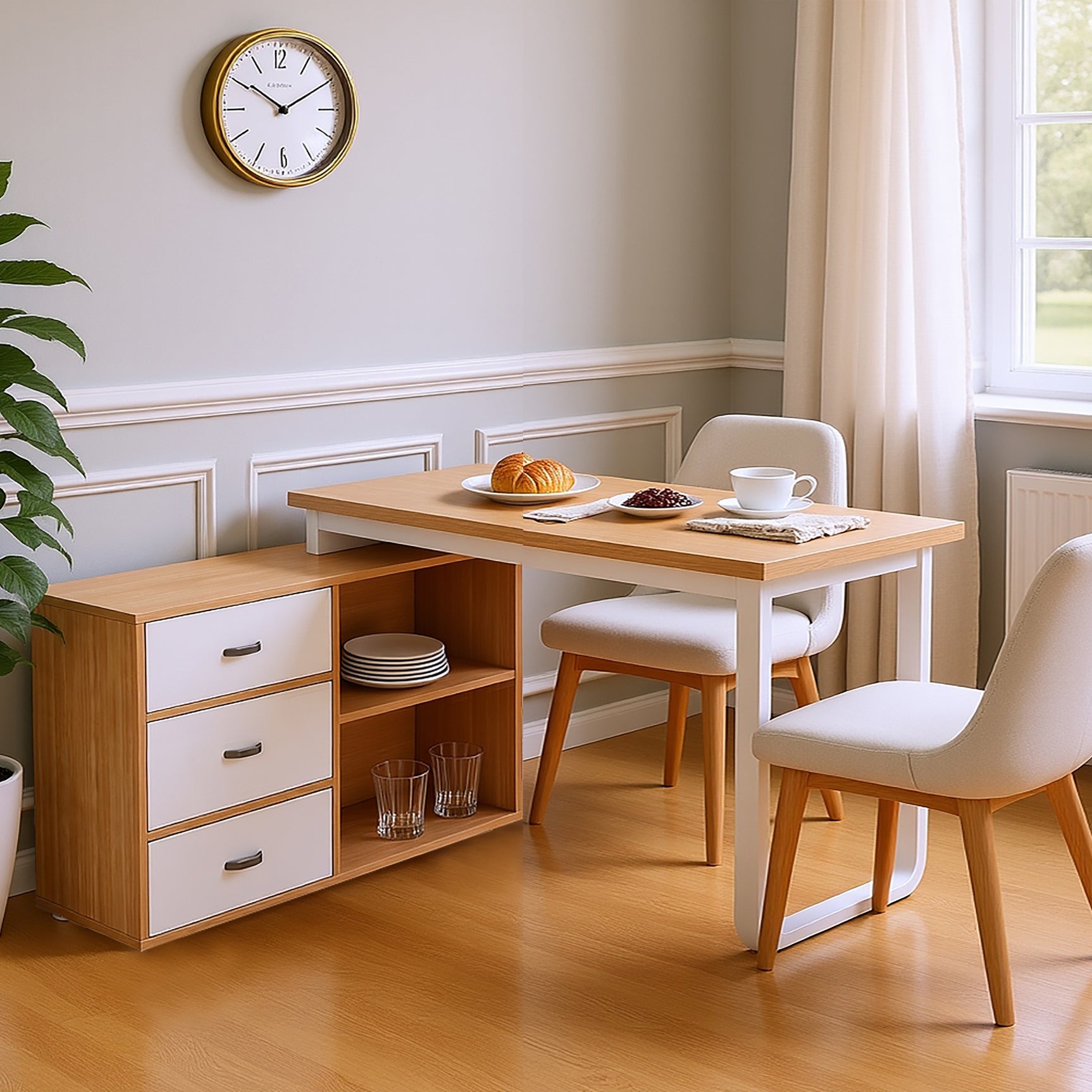 Bureau simple en bois naturel avec 3 tiroirs et 2 niches ouvertes â€?147×100×75,3 cm