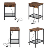 Beistelltisch/Beistelltisch im Industriedesign aus braunem Vintage-Holz und schwarzem Metall mit doppelter Tischplatte und integrierten USB-Anschlüssen – OAKHAM
