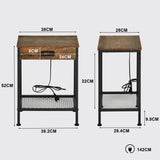 Beistelltisch/Beistelltisch im Industriedesign aus braunem Vintage-Holz und schwarzem Metall mit doppelter Tischplatte und integrierten USB-Anschlüssen – OAKHAM