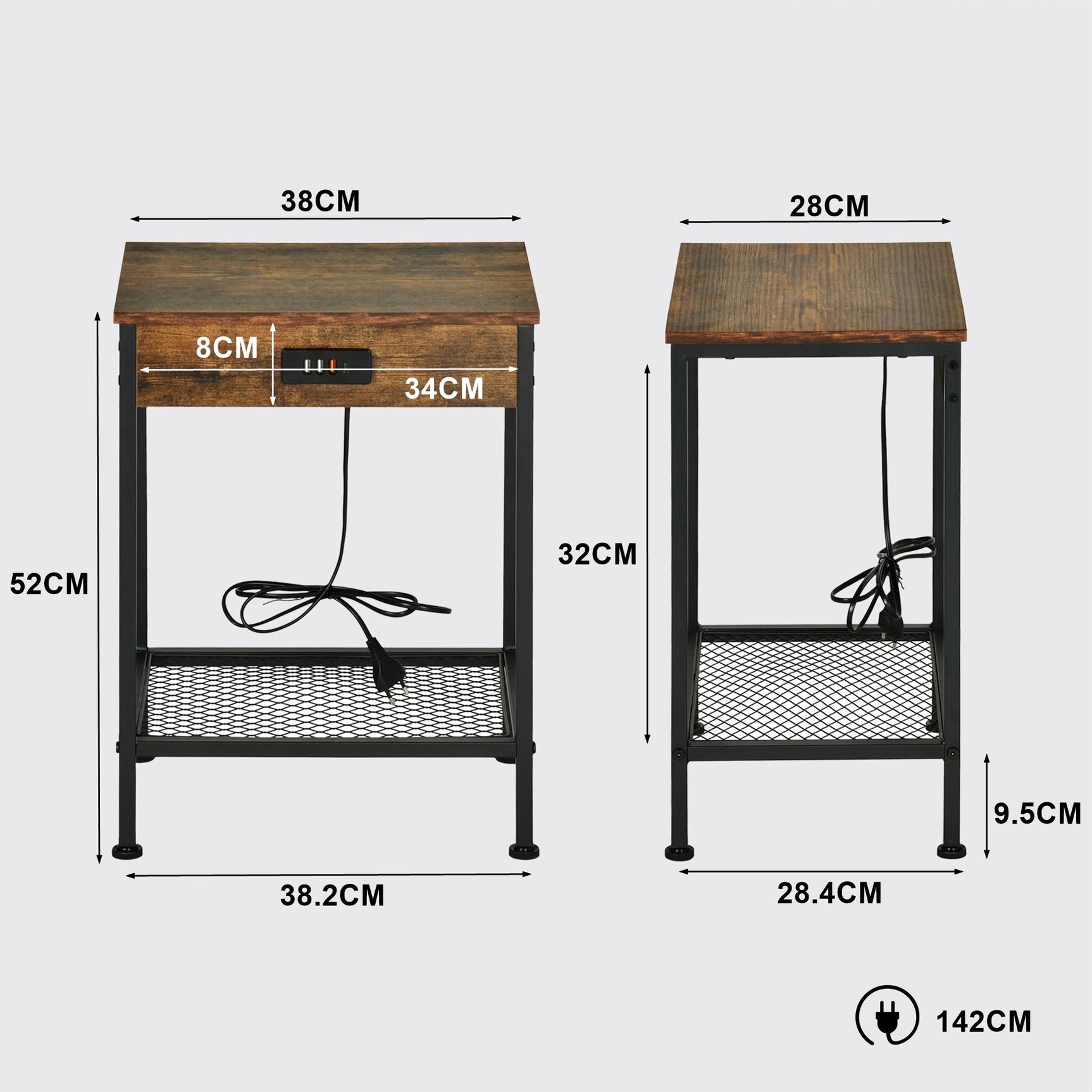 Beistelltisch/Beistelltisch im Industriedesign aus braunem Vintage-Holz und schwarzem Metall mit doppelter Tischplatte und integrierten USB-Anschlüssen – OAKHAM