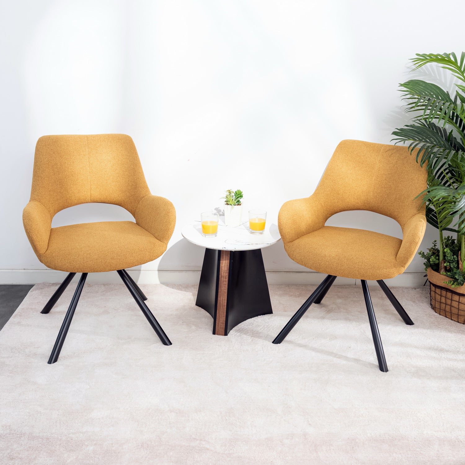 Set of 6 contemporary dining room chairs in yellow fabric, black metal legs - BETH FABRIC YELLOW 6PCS