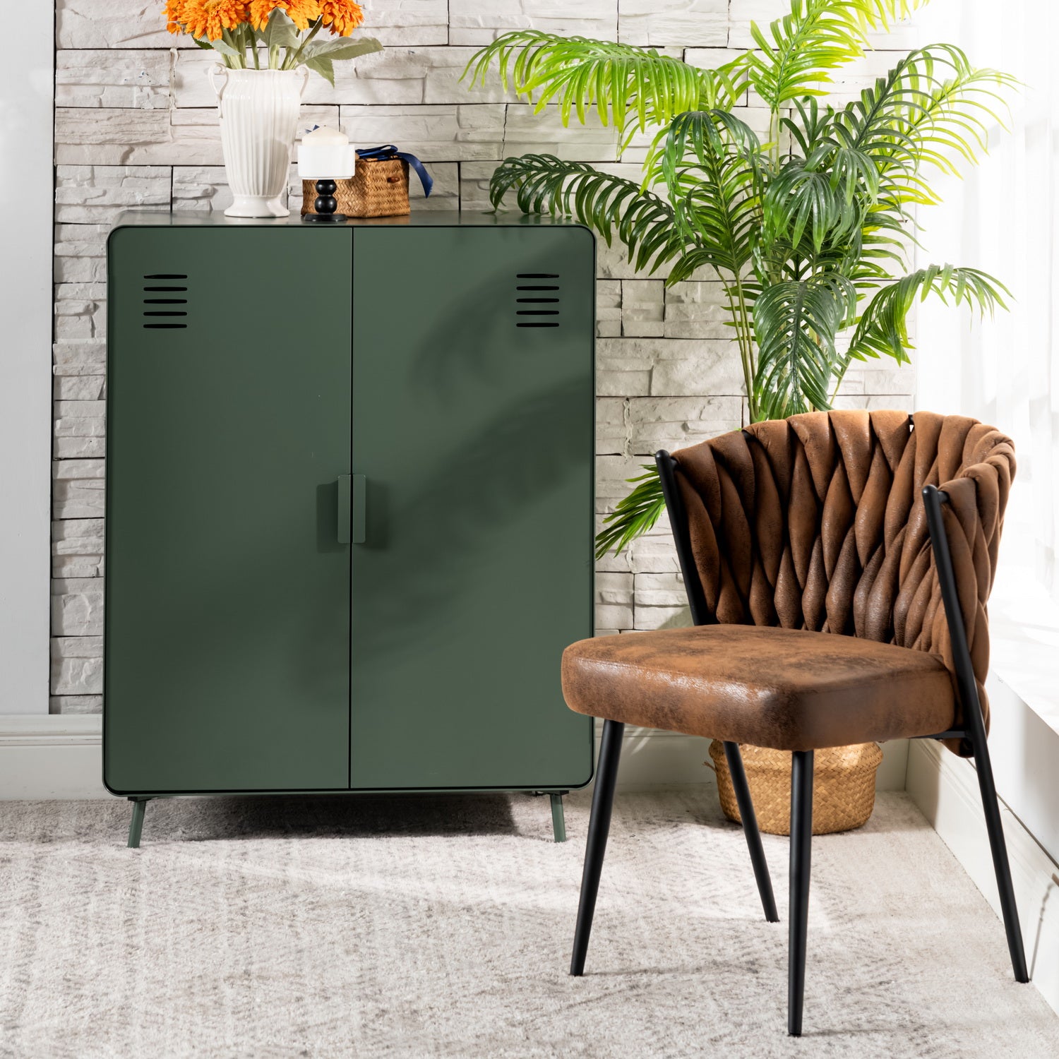 Set of 2 dining room chairs retro vintage style with braided file in brown suede - miliana
