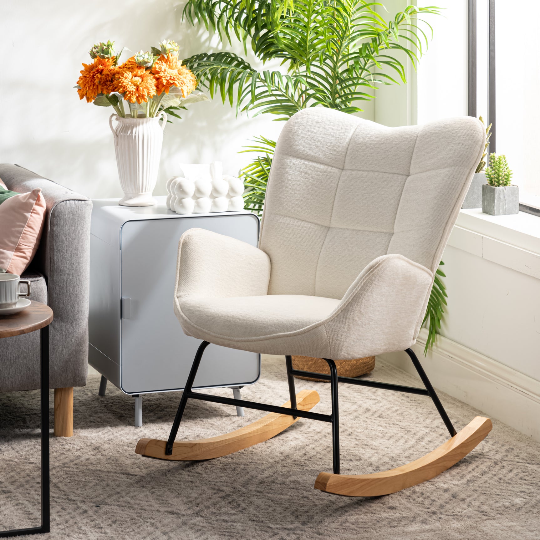 Scandinavian breastfeeding armchair with armrests in white caterpillars with stitching - kanas