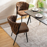 Set of 2 dining room chairs retro vintage style with braided file in brown suede - miliana