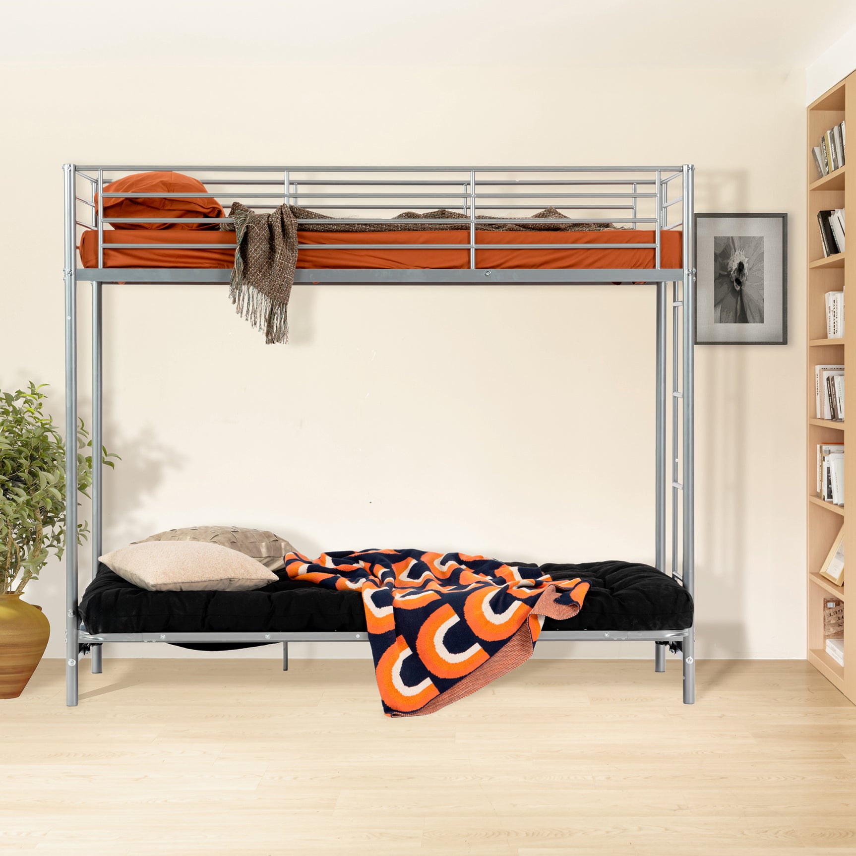Lit superposé 90x190cm avec banquette convertible canapé et sommier à lattes en métal argenté (matelas non inclus) - LIBERTY