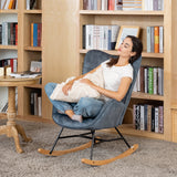 Fauteuil à bascule allaitement scandinave avec accoudoirs en velours bleu à surpiqûres - KELAN