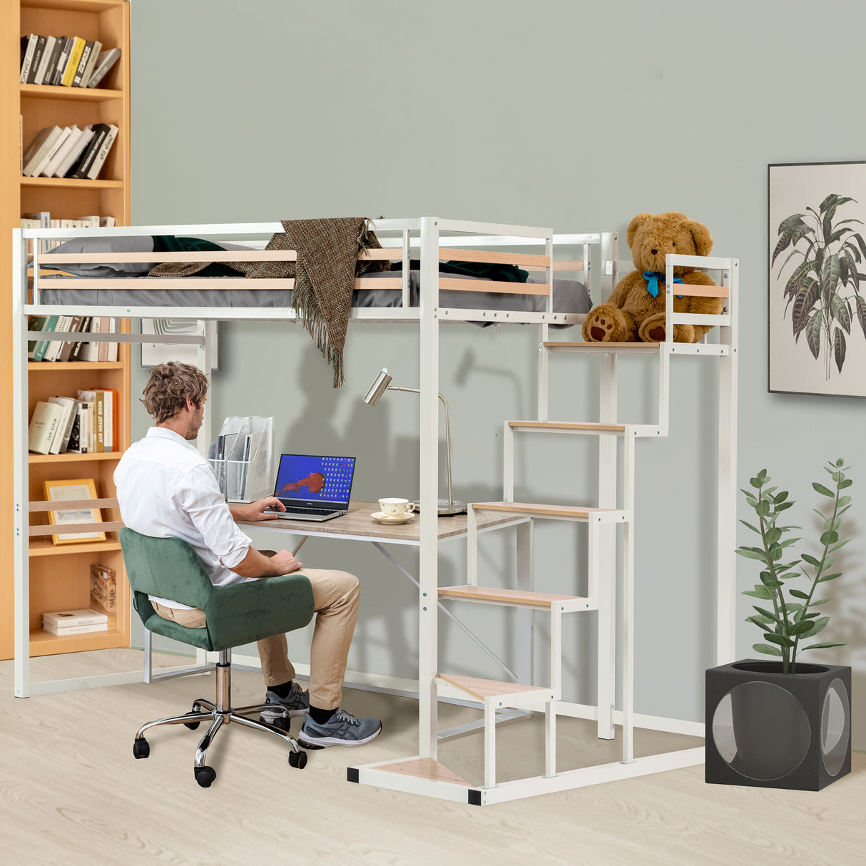 2 -seerer Mezzanine -Bett (140x200) mit Lattenboxen mit industriellem Weiß- und Holzstil (Matratze nicht enthalten) - Up