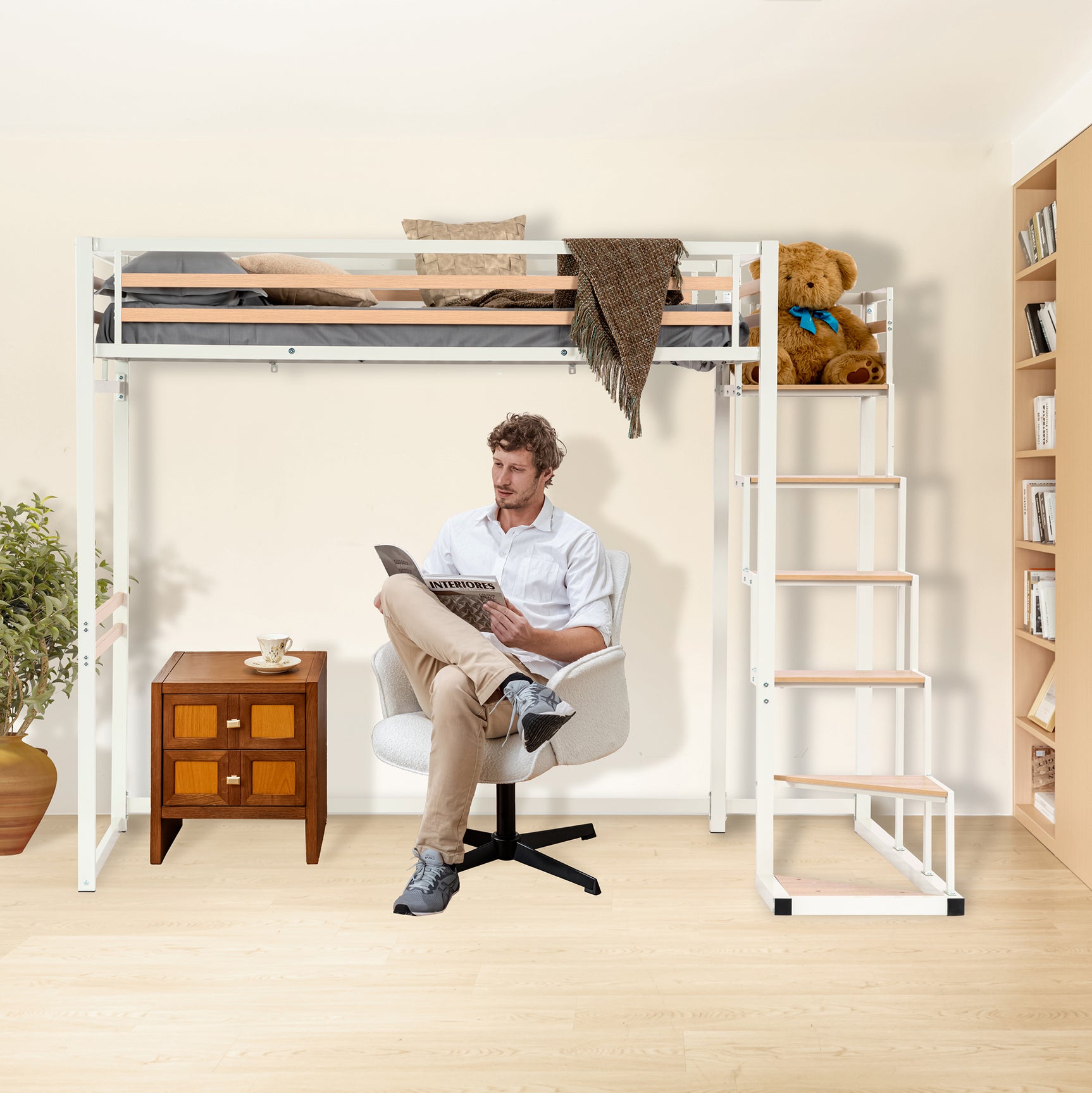 2 -seater mezzanine bed (140x200) with slatted box spring with industrial white and wood style (mattress not included) - up