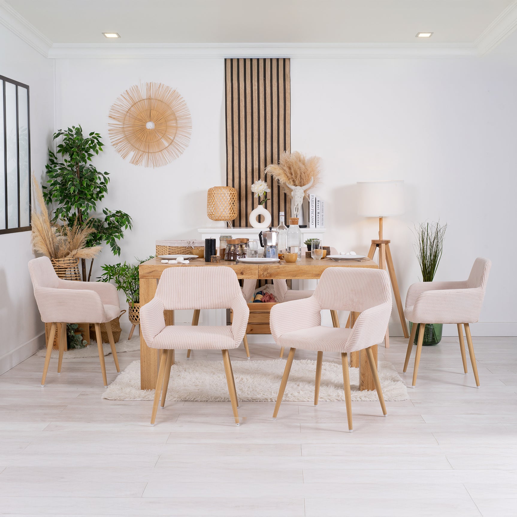 Lot de 6 fauteuils de salle à manger scandinaves avec accoudoirs en velours côtelé beige - CROMWELL CORDUROY