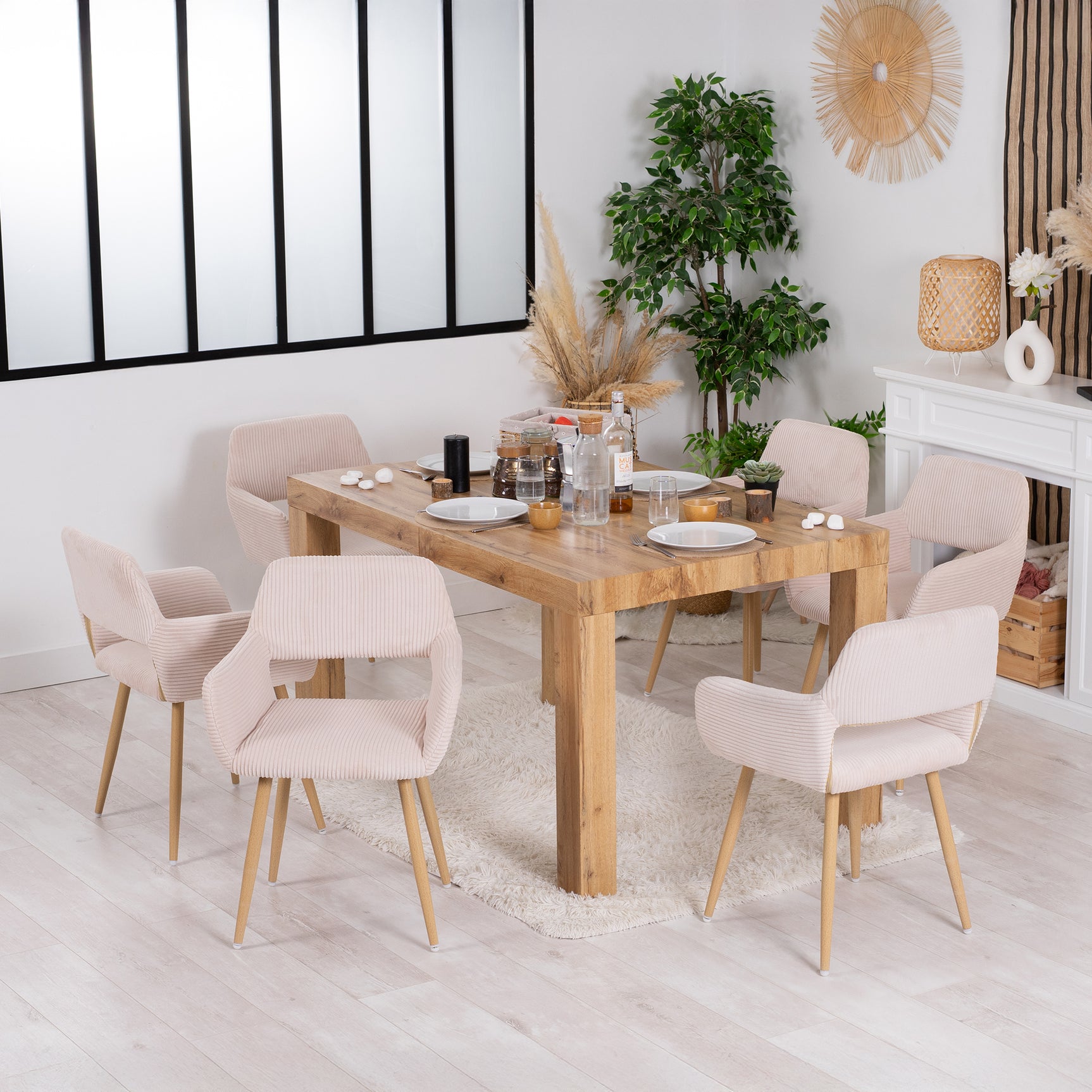 Lot de 6 fauteuils de salle à manger scandinaves avec accoudoirs en velours côtelé beige - CROMWELL CORDUROY