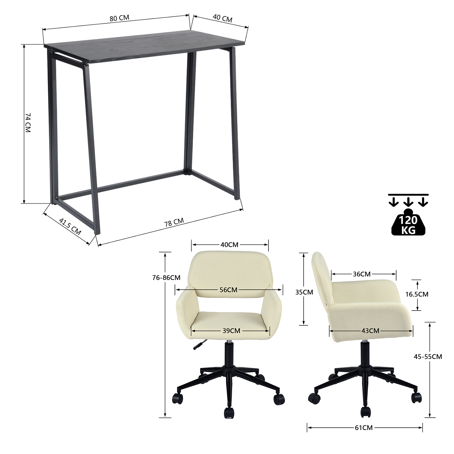 Foldable Office in black metal and desktop chair in beige velvet - ASCOLI & ROSS