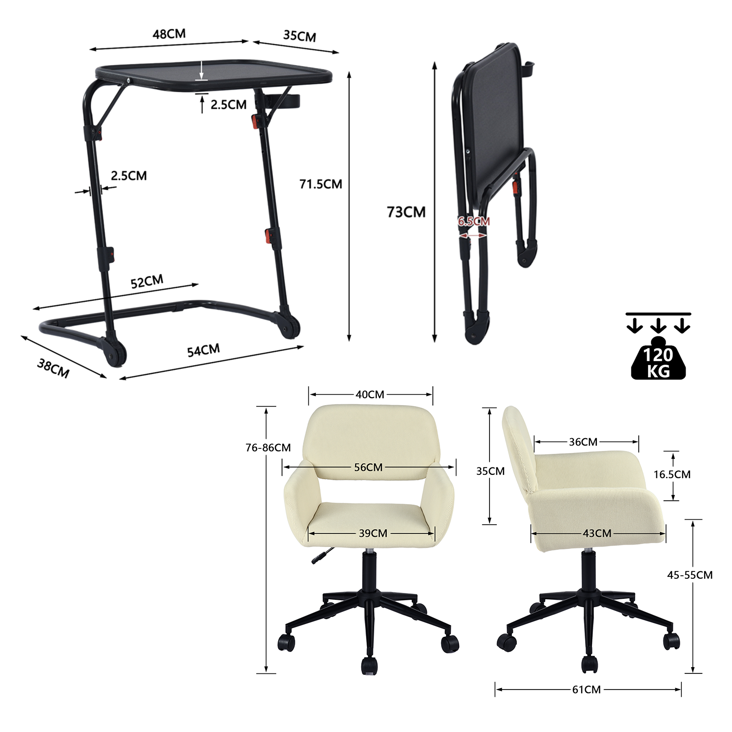 Ensemble avec table d’appoint noire pliable et fauteuil de bureau en velours côtelé beige - BASELINE & ROSS