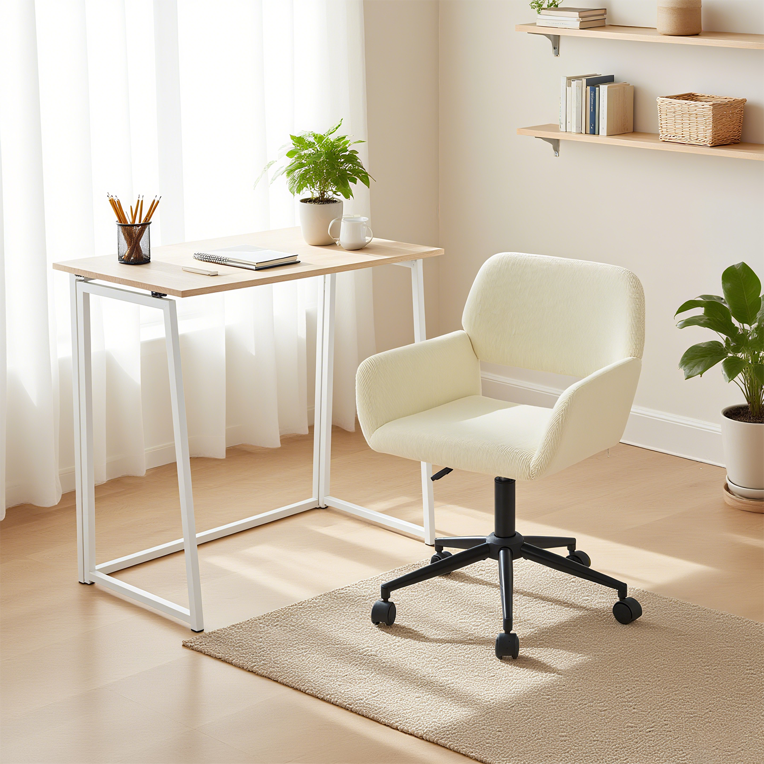 Ensemble bureau pliable et fauteuil de bureau en velours côtelé beige - ASCOLI & ROSS