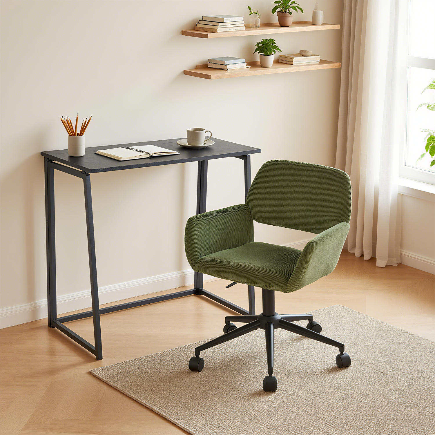Black metal folding desk and olive green corduroy office chair set – ASCOLI & ROSS