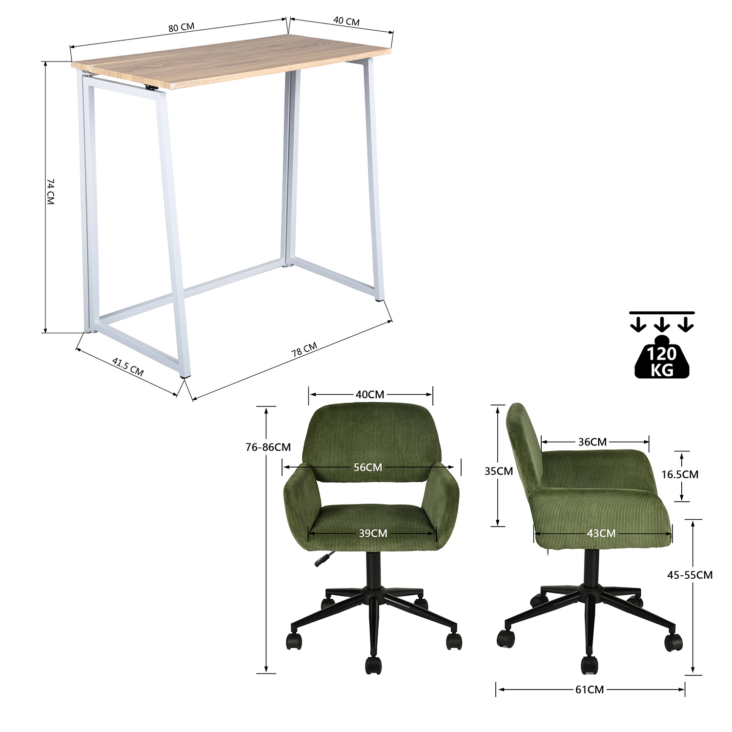 Ensemble bureau pliable et fauteuil de bureau en velours côtelé vert olive - ASCOLI & ROSS