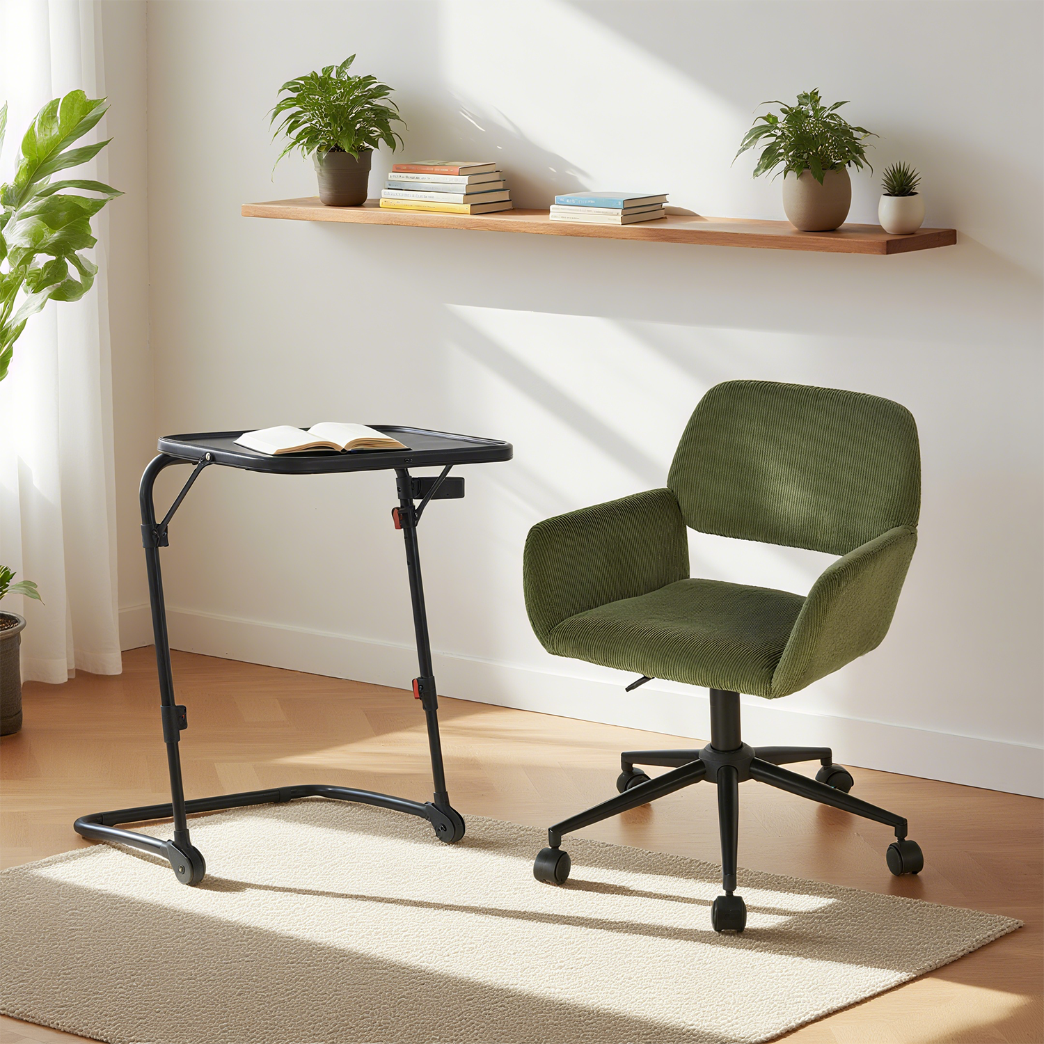 Ensemble avec table d’appoint noire pliable et fauteuil de bureau en velours côtelé vert olive - BASELINE & ROSS
